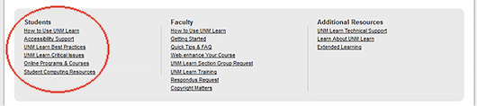 UNM Learn footer showing student links