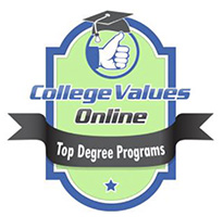 green and blue seal with the words 'college values online top degree programs'